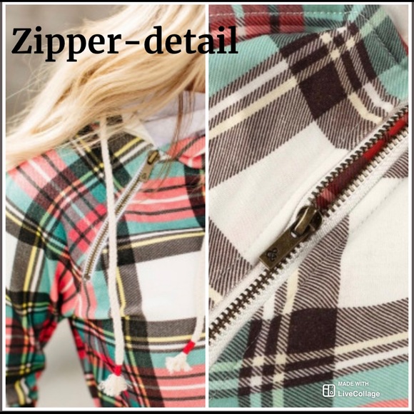 โญ๏ธHPx3โญ๏ธโข Plaid Cowl Neck Drawstring Hoodie w/ Thumb Holes - Picture 3 of 8